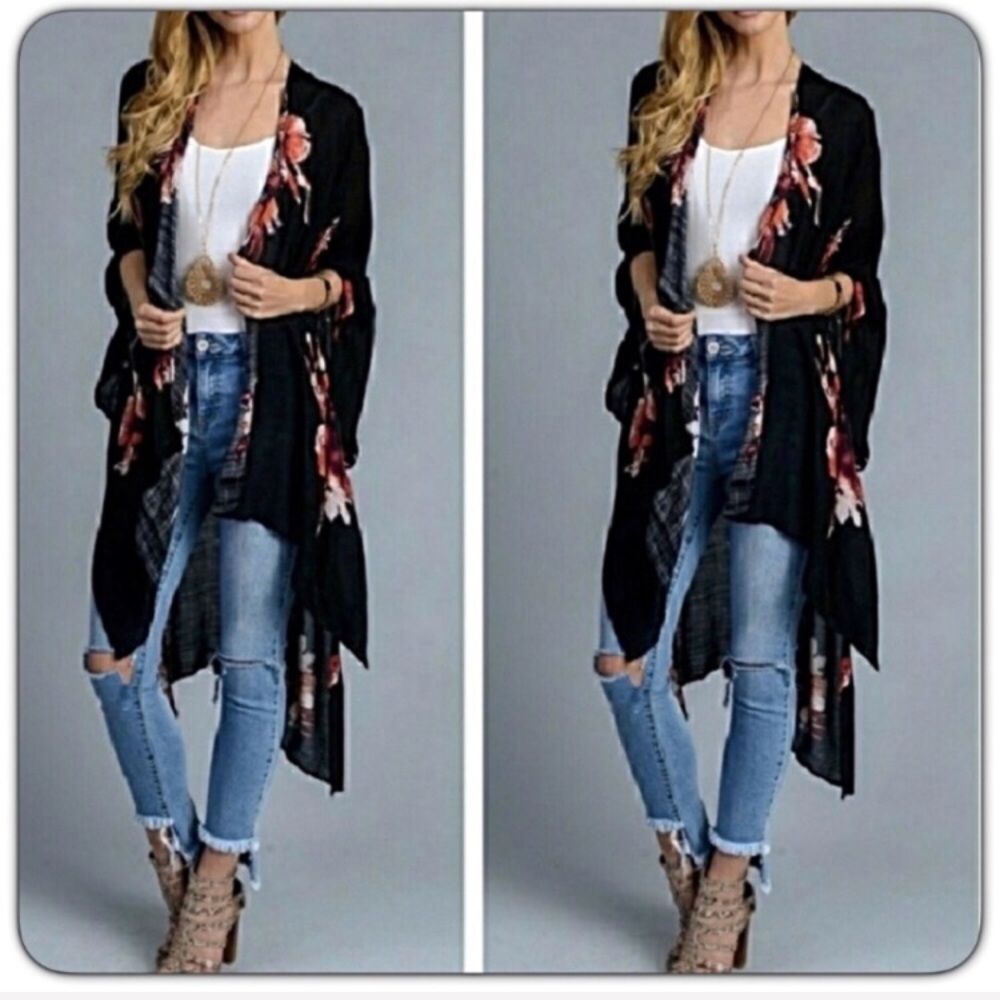 Boho Chic Black Floral Kimono With Armholes - Picture 6 of 8